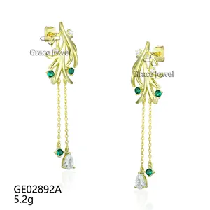 Grace Jewelry Luxury Gemstone Zircon Plant Shape 14K Gold Plated Ladies Fashionable Trendy Earrings For Women