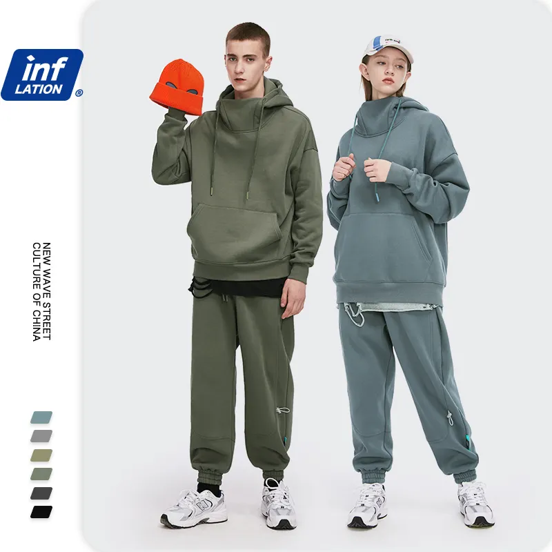 INFLATION Auf Lager Großhandel Hohe Kragen Dicke Fleece Gefüttert Unisex Hip Hop Übergroßen Männer Hoodies