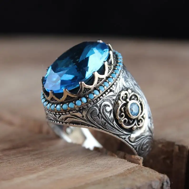 Wholesale Style Inlaid Sea Blue Zircon Fashion Vintage Ring Jewelry Men's Sterling Silver Ring