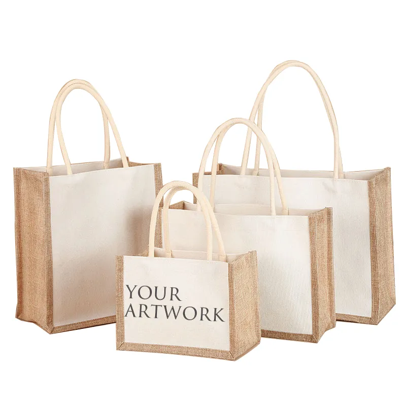 Hot Selling Custom Logo Print Plain Burlap jute tote handbag canvas shopping bag