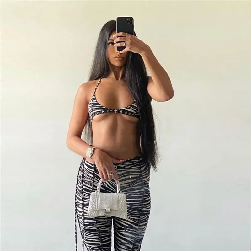 Vrouwen Zomer Kleding 2021 Vrouwelijke Suits Sexy Halter Bikini Bh Set Whit Lange Broek Vrouwen Sets Met Patchwork Twee stuk Sets