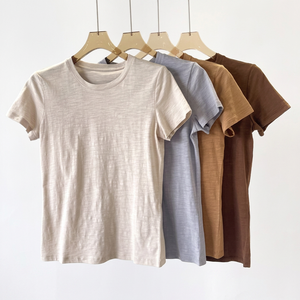 T-shirts pour femmes à manches courtes, unis, respirants, en coton tricoté 240 grammes, coupe classique, pour l'été - Product Image 4