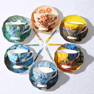 Großhandel tee-set hand bemalt-Handgemalte Van Gogh Kunst Malerei Kaffeetasse Set Gartenparty Keramik Tee tasse mit Untertasse
