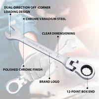 Jeu de clés à cliquet en acier au chrome-vanadium de 6 pièces avec têtes pivotantes, cliquet à 72 dents, outils à double usage à extrémités ouvertes et fermées