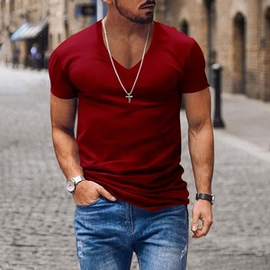 Logo personnalisé pour hommes col en <span class=keywords><strong>V</strong></span> Slim Fit T-shirt décontracté noir T-shirts unis T-shirts d'été pour hommes - Product Image 4