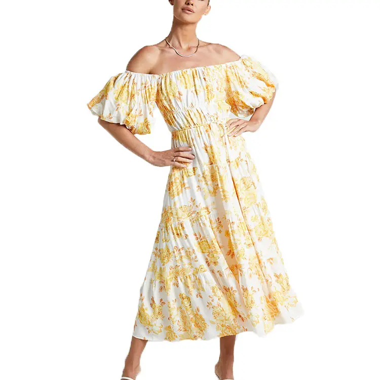 custom design plus size clothing floral print off the shoulder casual african dresses short sleeve yellow maxi dress for woman