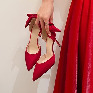 French Bow Hollow High Heels Satin Bridesmaid Red Design Main Wedding Bride Shoes - Product Image 4