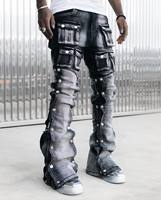 Aeedenim Streetwear – Pantalon en jean déchiré personnalisé pour homme, coupe empilée, noir, avec fermeture éclair, imprimé délavé, taille mi-haute