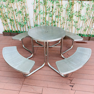 All-Weather Outdoor <b>Dining</b> Table <b>Set</b> Perforated Metal 304 Stainless Steel Table and Four <b>Benches</b> Round Party Tables and Chairs W - Product Image 1