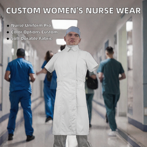 Robe d'uniforme d'infirmière pour femme, manches courtes, en coton tissé blanc, tenue de travail hospitalière, vue avant, arrière et latérale - Product Image 2