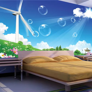 Papier peint paysager moderne écologique et imperméable - Motif moulin à vent, bulles et <span class=keywords><strong>prairie</strong></span> fleurie pour murs <span class=keywords><strong>de</strong></span> salle à manger et <span class=keywords><strong>de</strong></span> chambre - Installation facile - Product Image 1