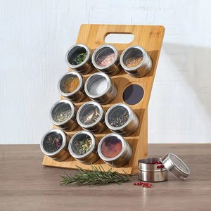Estante para especias de bambú con tapas magnéticas, organizador de almacenamiento de madera de 4 niveles para condimentos de cocina - Product Image 1