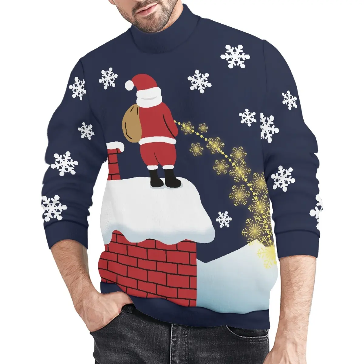 สเวตเตอร์คอเต่าสำหรับผู้ชายเสื้อกันหนาวดีไซน์เนอร์2022คอเต่าพิมพ์ลายซานต้าบนบ้าน