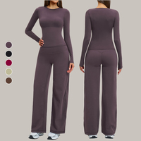 Ensemble de sport personnalisé pour femme : T-shirt respirant à manches longues et pantalon taille haute à jambes larges, extensible dans les quatre sens