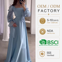 Robe longue élégante en satin OEM pour femme, col carré, plissée, manches bouffantes en dentelle, robe maxi pour soirée
