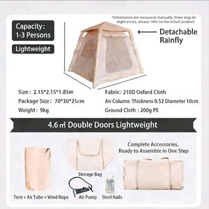 <span class=keywords><strong>Tente</strong></span> de camping gonflable pour 1 à 3 personnes, installation rapide 4.6 ㎡   <span class=keywords><strong>Tente</strong></span> de glamping à double porte <span class=keywords><strong>avec</strong></span> <span class=keywords><strong>moustiquaire</strong></span> et tissu imperméable - Product Image 5