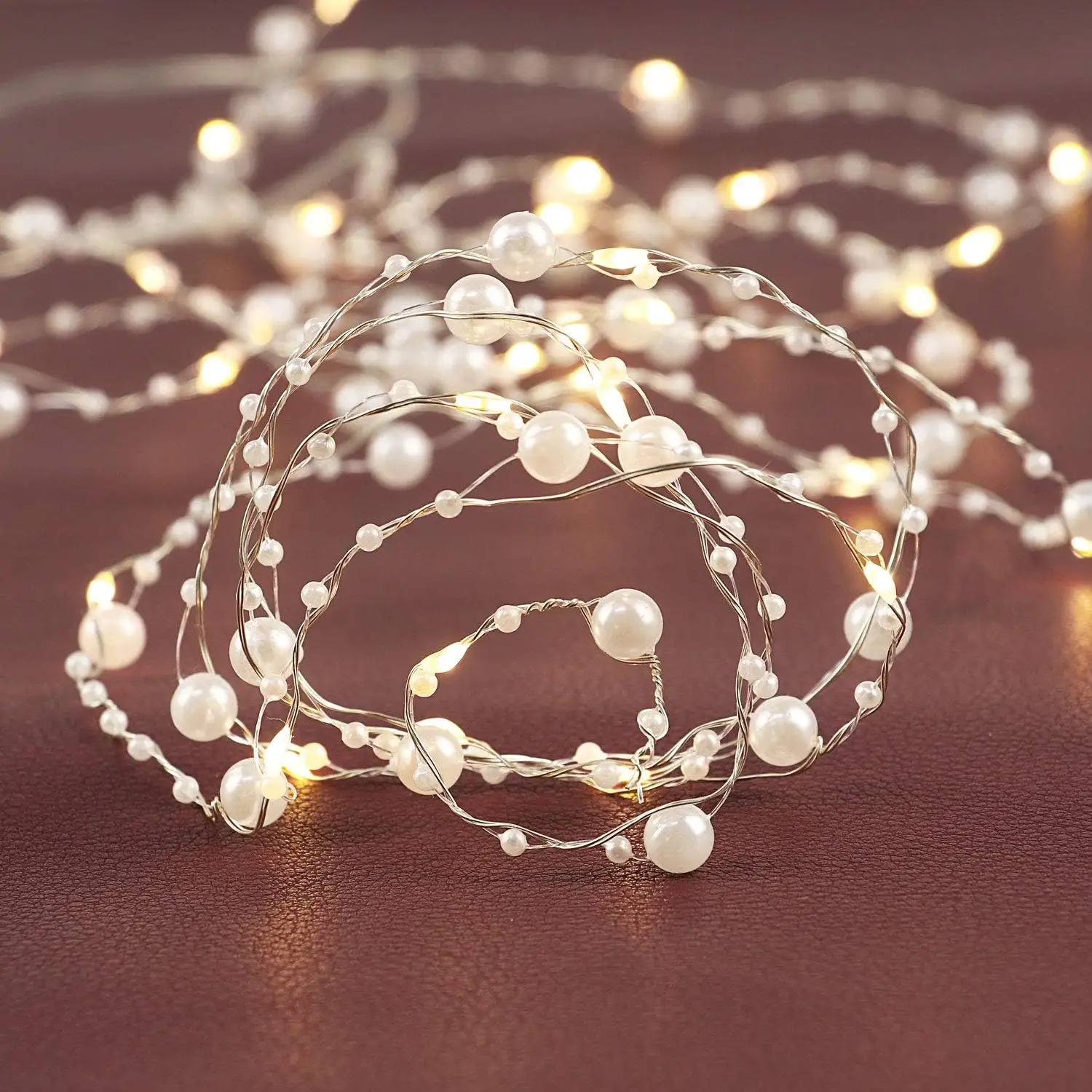 Cadena de luces de alambre de cobre Led con cuentas de perlas navideñas