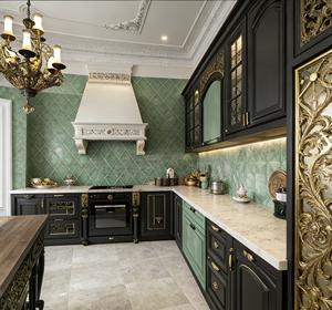 Armoires de cuisine opulentes noires et dorées - Meubles de style baroque avec des détails ornés et une organisation de rangement intégrée - Product Image 6