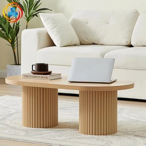 Modern Fluted Pedestal Wooden <b>Coffee</b> <b>Table</b> Minimalist Design with Optional Finishes and Double Column Base for Living Room - Product Image 2