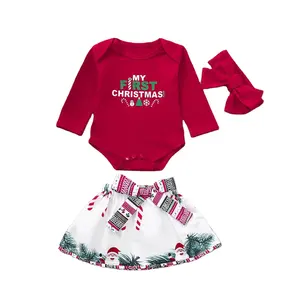 יילוד תינוקת בגדי חג המולד מכתב הדפסת Romper + קשת חצאית + סרטי ראש סט בגדי roupas para מנינאס roupa דה bebe