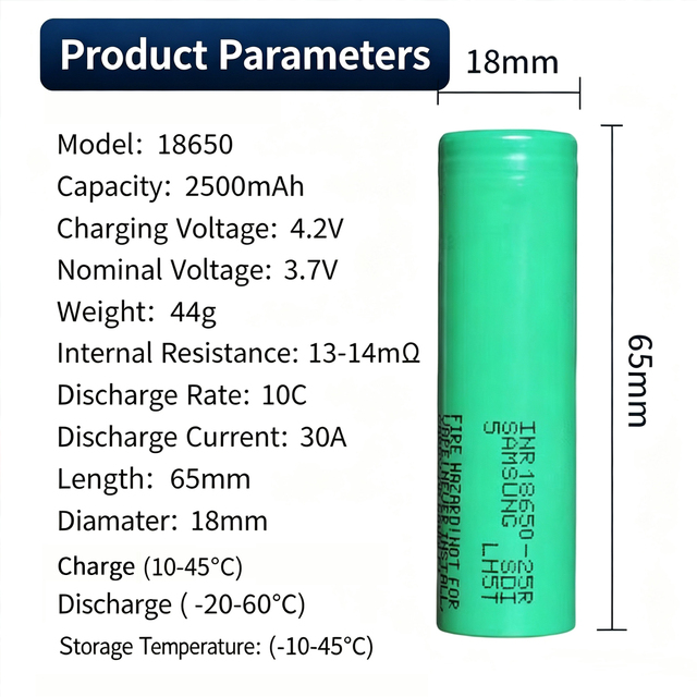 Original INR18650 25R Rechargeable Lithium Ion Battery 2500mAh 3.6V 10C Discharge Rate Cylindrical Battery for Electric Tools