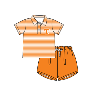 Ensemble personnalisé pour bébé garçon : Polo rayé <span class=keywords><strong>orange</strong></span> à manches courtes et short bleu - Product Image 1