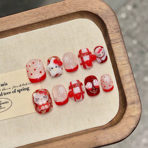 <span class=keywords><strong>Uñas</strong></span> Postizas Francesas Hechas a Mano con Diseño <span class=keywords><strong>de</strong></span> Gatito Navideño, Estampado <span class=keywords><strong>de</strong></span> Leopardo Corto en Rojo y Blanco para Dedos - Product Image 3