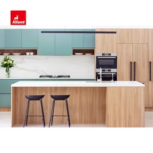 AllandCabinet Diseño moderno Gabinete de cocina sin manija de laca mate de grano de madera maciza verde con panel de puerta de losa de dos tonos