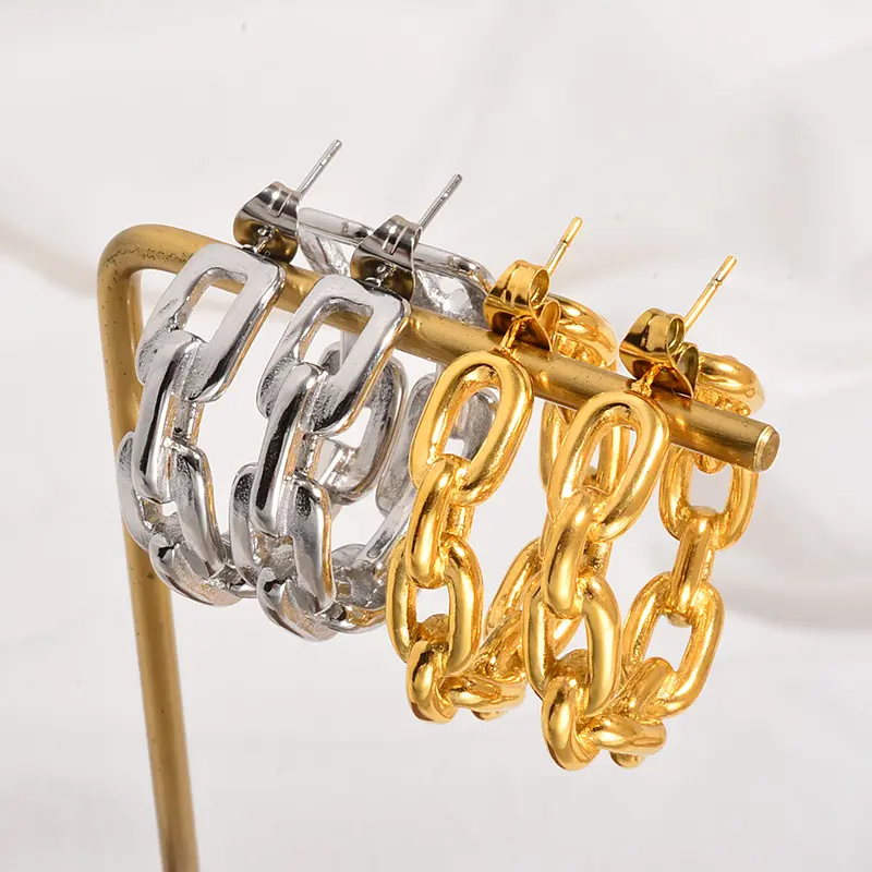 Anting-Anting Jepit untuk Wanita, Anting-Anting Stainless Steel 2022 Ad Estetik Chunky Hoop Bentuk Rantai Kuba