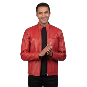 Custom <b>Men</b> Red Genuine Leather <b>Jacket</b> Stand Collar Moto <b>Biker</b> Coat Premium Slim Fit Casual Cowhide Zipper Luxury Leather <b>Jacket</b> - Product Image 2
