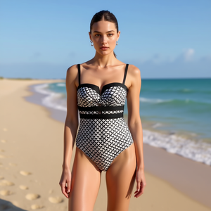 Costume da bagno intero HDJ taglie forti con controllo pancia, stampa geometrica, push-up, scollo profondo, vita alta, in spandex e poliestere - Product Image 3