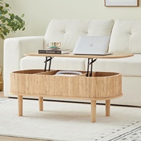 Table basse relevable scandinave moderne avec rangement, plateau en verre ovale en bois naturel mobile pour salon