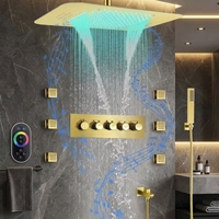 Système de douche thermostatique LED doré brossé avec haut-parleur musical, 6 jets latéraux, douchette à main et télécommande