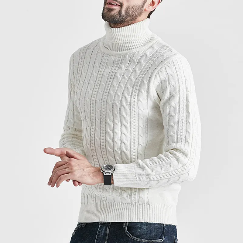 Plain white long sleeve high neck knitwear for men wholesale chunky cable pullover mens turtleneck pullover sweater men