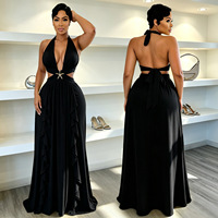 Robe de soirée longue pour femme 2026, dos nu, à nouer, avec décolleté halter en V profond, taille découpée, détail étoile en strass et jupe à volants