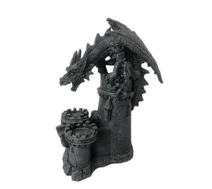 Glittery Black and Gold Wicked Dragon On Castle LED Accented Statue