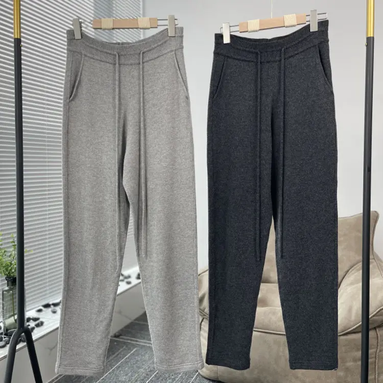 HOHO new women's autumn and winter LP knitted pure cashmere casual pants solid color mid-waist slim slimming pants