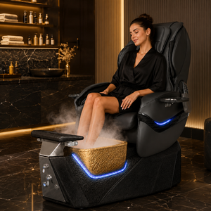Fauteuil de pédicure noir et or avec télécommande, fonction vapeur, fonction massage, lumière LED, bassin pour bain de pieds, pour usage commercial en salon - Product Image 2