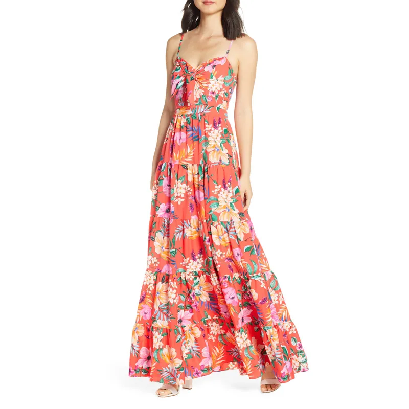 Factory manufacture custom summer women casual dress stylish robes femme floral printed maxi dress
