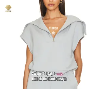 Luluxixiyaya 3D Visual Big Turn Down Collar V Neck Half Zip Short Sleeve Cap Varley Stitch Luxury Sweatshirt