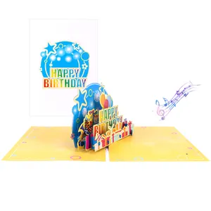 Customized 3D Blowable Pop up Happy Birthday Musical Greeting Cards Thank You Cards with Light