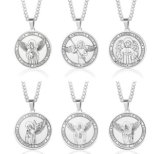 Hiphop Hommes Femmes Ton Argent Cadeau En Acier Inoxydable Religion Sept Archanges Ailes D'<span class=keywords><strong>ange</strong></span> Pendentif Rond Bijoux Collier - Product Image 2