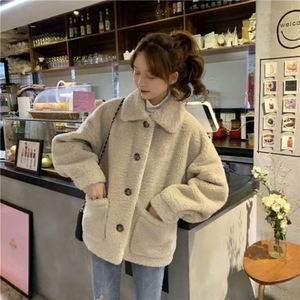Women's Faux Fur Coat Apricot Solid Color Medium Thickness Patchwork Button Pocket Loose Short Jacket Autumn Winter Wear - Product Image 5