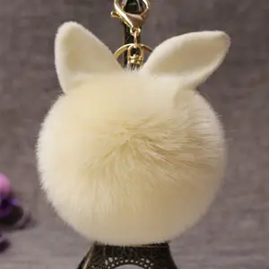 Tas bola bulu telinga kelinci 12 cm, rantai kunci pompom bola bulu halus dengan gantungan kunci emas untuk gantungan kunci kelinci