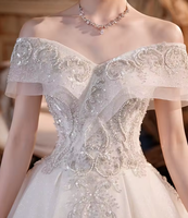 NDB10352 Robe de mariée principale lourde, entièrement faite à la main, nouvelle, à traîne, épaules dénudées, style féminin, élégante, de conte de fées, étoilée