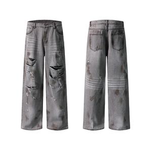 Pantalones Vaqueros Desgastados con Roturas y Grafitis, Estilo Urbano, Hip-Hop, Corte Recto, Largos, para Hombre, Nueva Llegada - Product Image 1