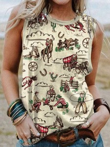 <strong>Women</strong> Western <strong>Cowboy</strong> Print Sleeveless Tank Top Vintage Country Horse Horseshoe Graphic Casual Summer Vest T <strong>Shirts</strong> Wholesale - Product Image 6