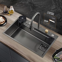 Évier de cuisine carré en acier inoxydable fait main, style minimaliste moderne, rouge, avec distributeur de savon, égouttoir et bac unique