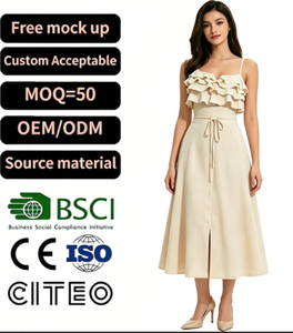 Elegante Abito Midi Beige con Spalline Sottili, Volant, Cintura Annodabile e Spacco Frontale per Donna, Ideale per Feste Estive e Cocktail - Product Image 1