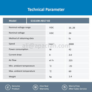 Ventilateur centrifuge EC autoportant pour ascenseur, roulement à billes, 24VDC 42W 2.0A 3000RPM 108x159mm 225m3/h, OEM, pour G1G108-AB17-02 - Product Image 3